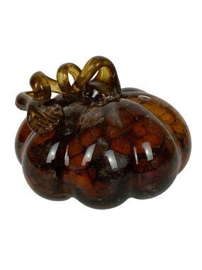 Handblown Glass Pumpkin Sculpture In Amber & Brown With Curly Stem Fall Decor